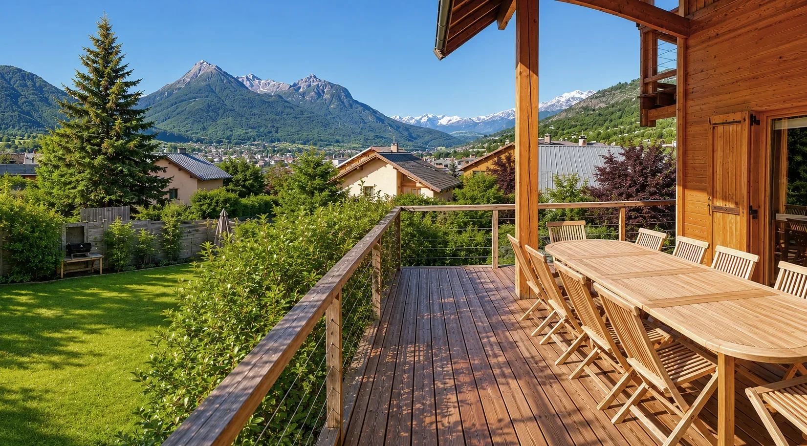 Chalet dining terrace overlooking Briançon and the surrounding Alps
