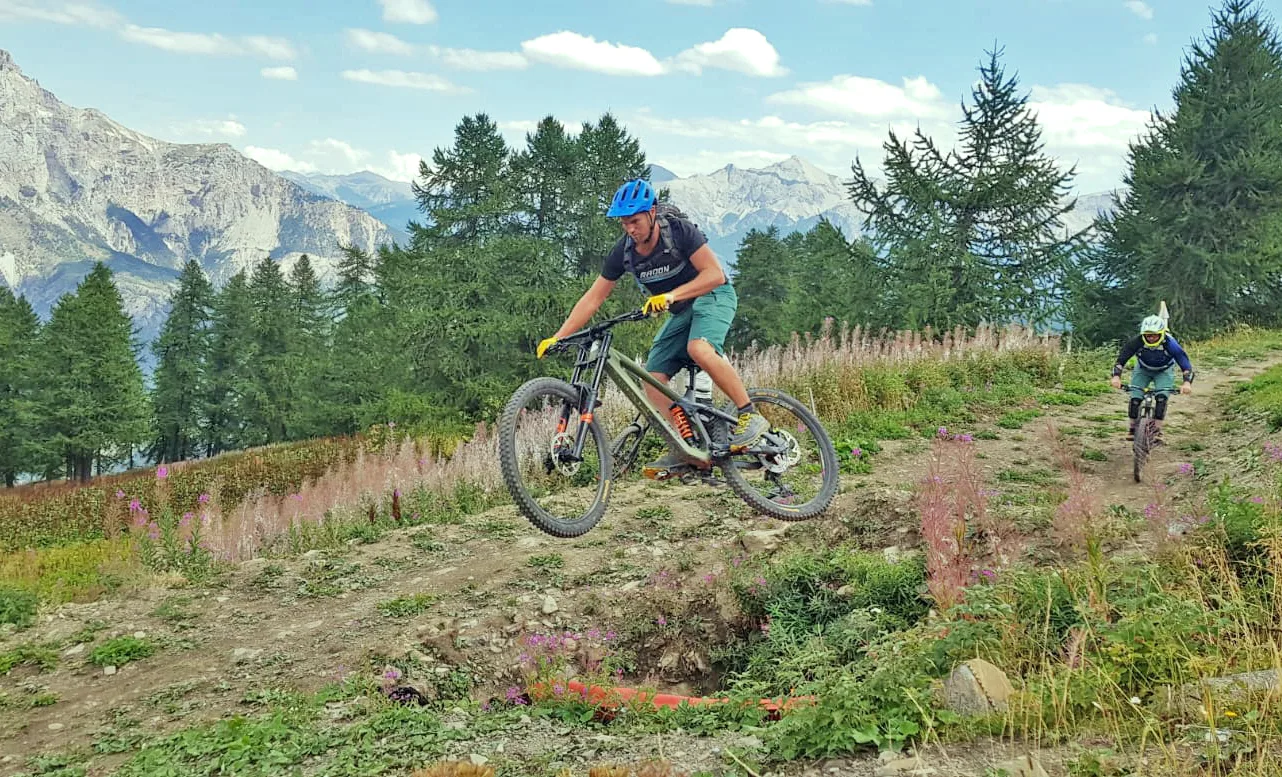 Two mountain bikers crossing a trail through an Alpine meadow