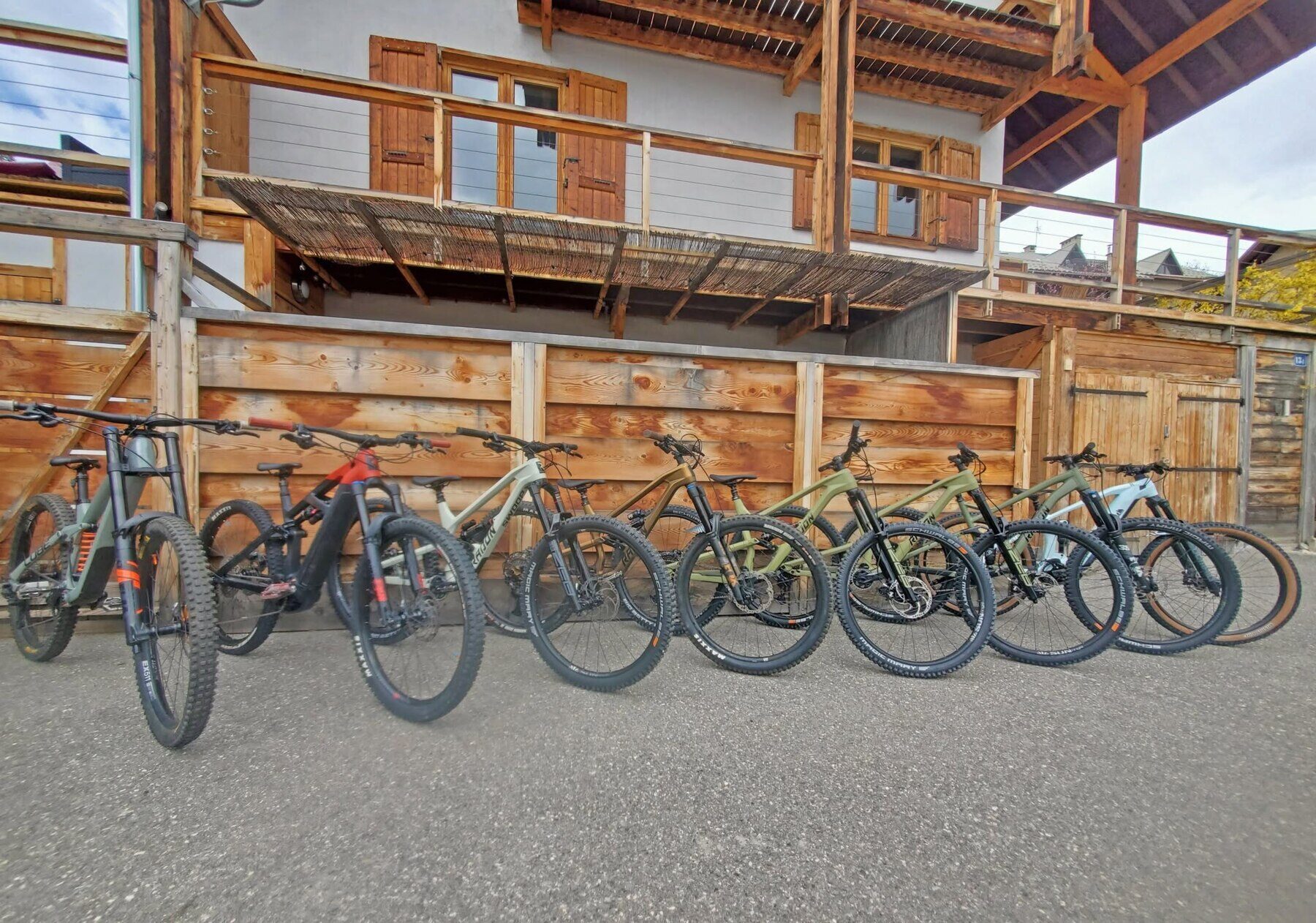 Radon mountain bikes lined up outside the chalet, available to hire